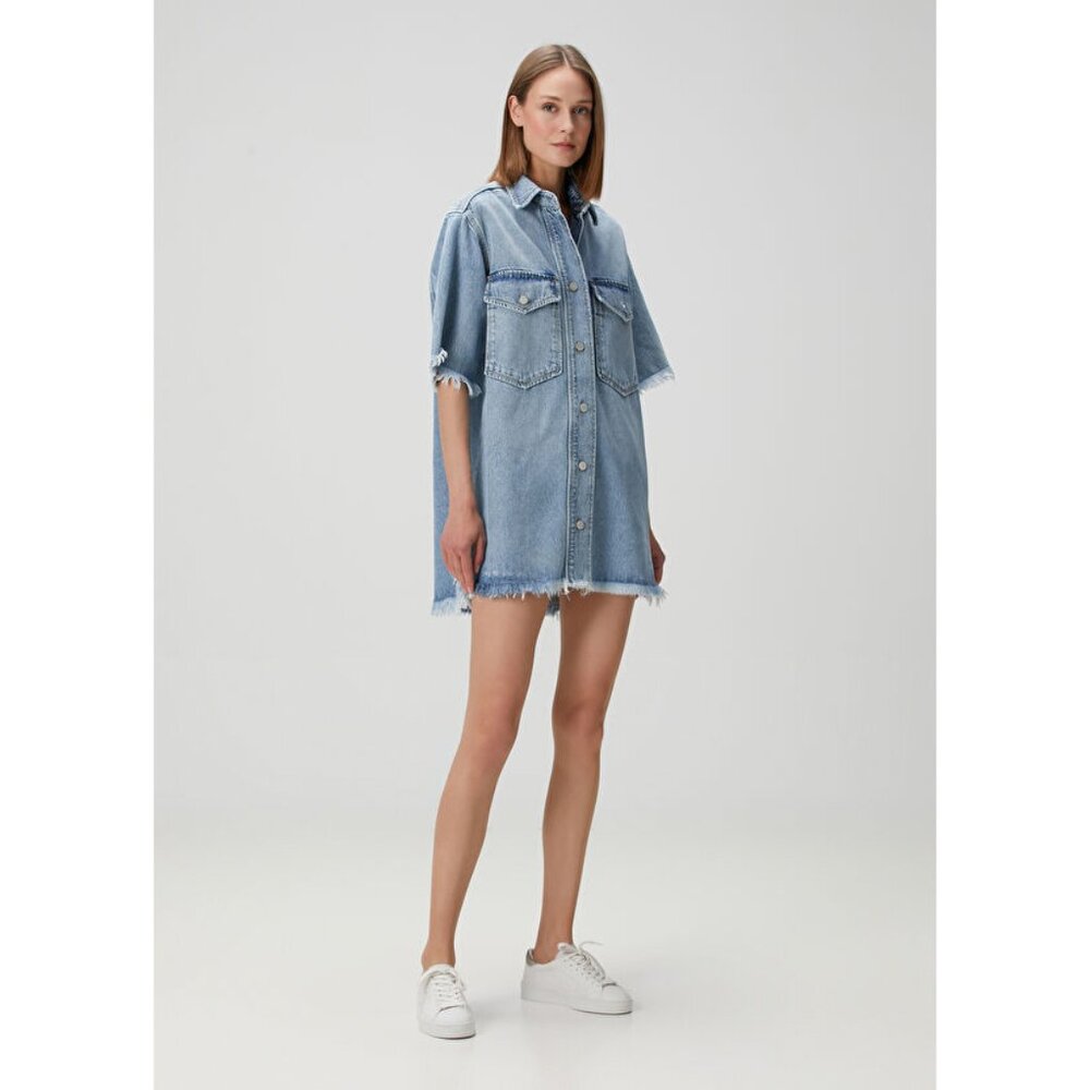 AllSaints Faye Frayed Short Sleeve Mini Denim Dress Jean Raw Edge Button Up - Picture 12 of 14